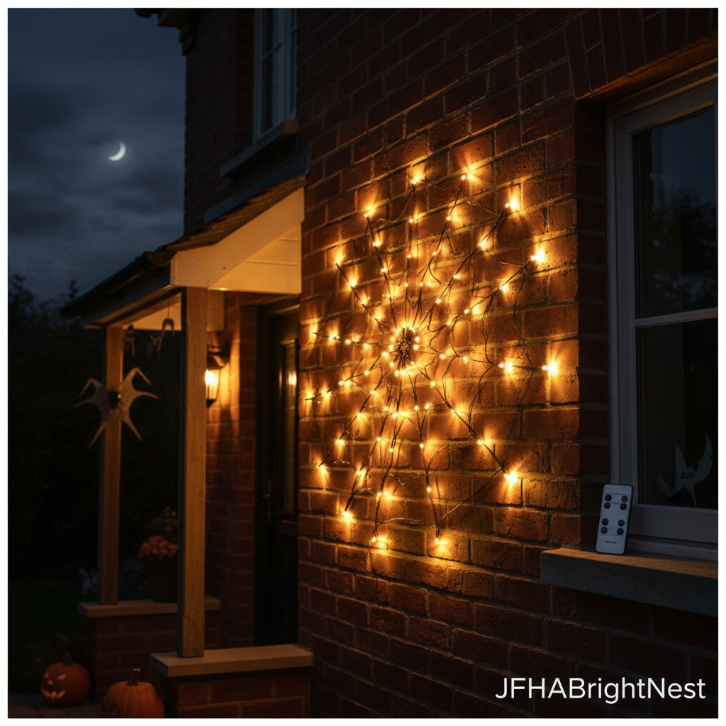 Cobweb Halloween LED net light outdoors on a UK house porch wall, dense natural white glow with remote – JFHABrightNest