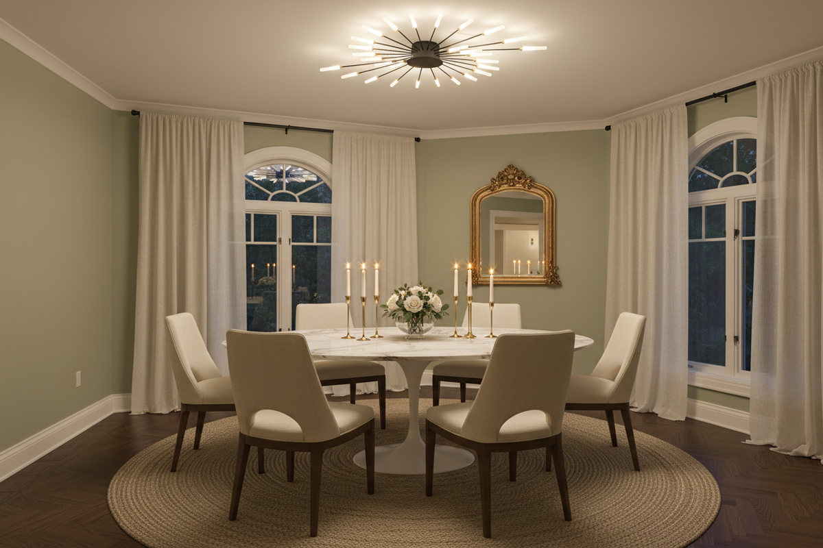 Wesley Fireworks black ceiling light in an elegant dining room with marble table and warm lighting