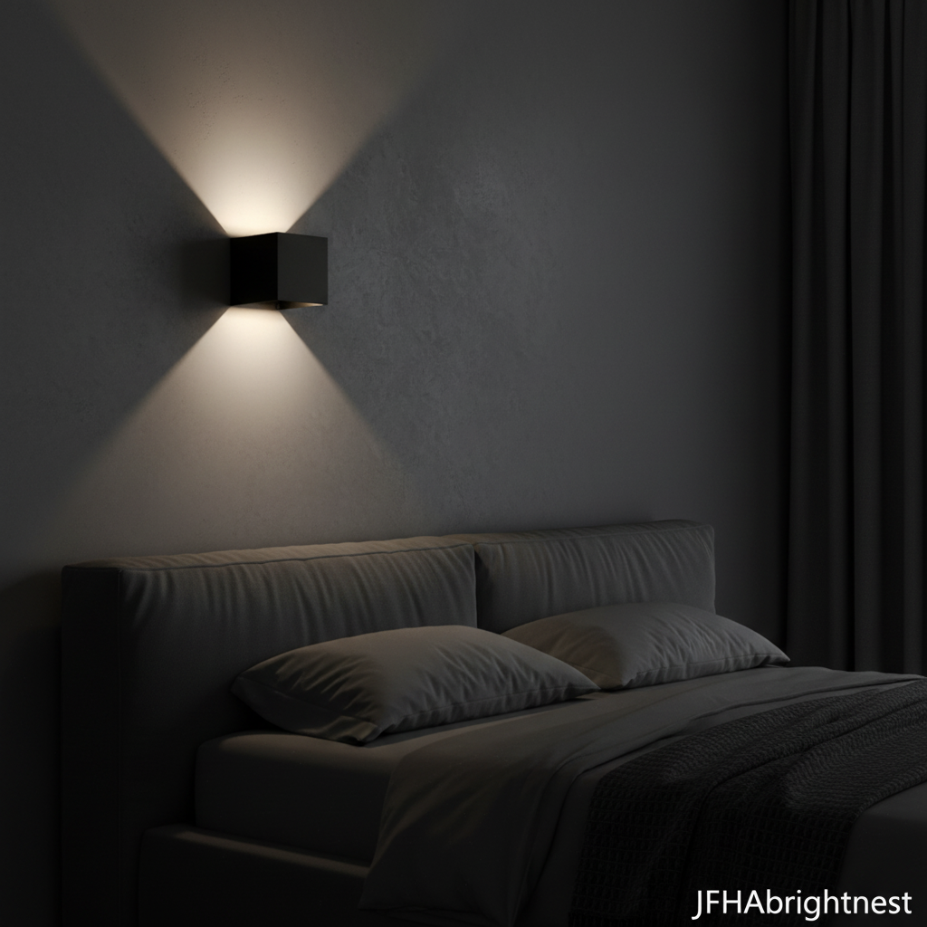 Black Norvik indoor wall light in a bedroom, neutral white