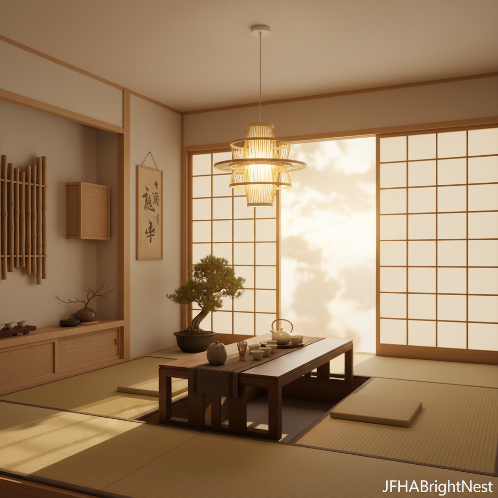 Handmade bamboo rattan art chandelier hanging in a serene Japanese tea room with low wooden table and tatami flooring
