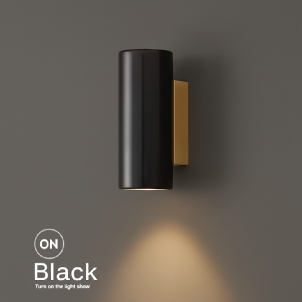 Marble bedside wall light, round black shade on a brass bracket, lit with a warm downward glow