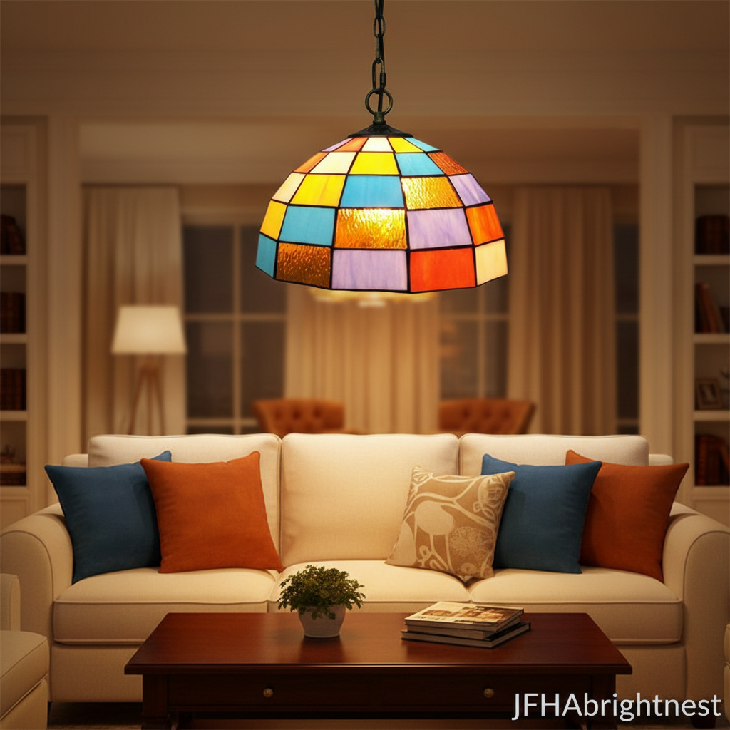 Multi-colour Tiffany stained glass dome pendant light – living room lifestyle photo