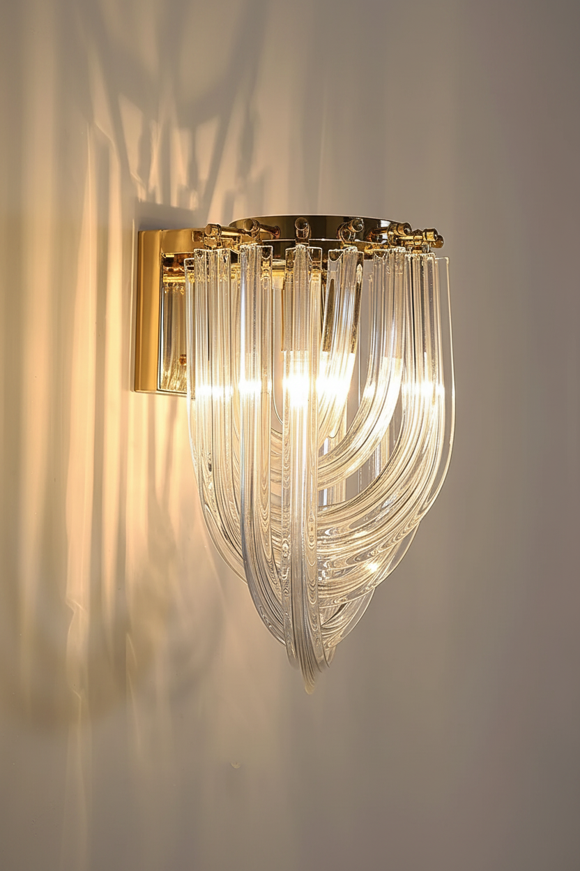 Side angle of the Trevi gold wall light showing its curved glass rods