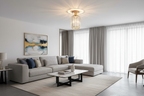 Circular gold acrylic flush mount ceiling light in a modern living room