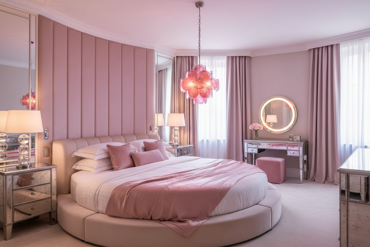 Pink glass disc chandelier in boutique hotel suite