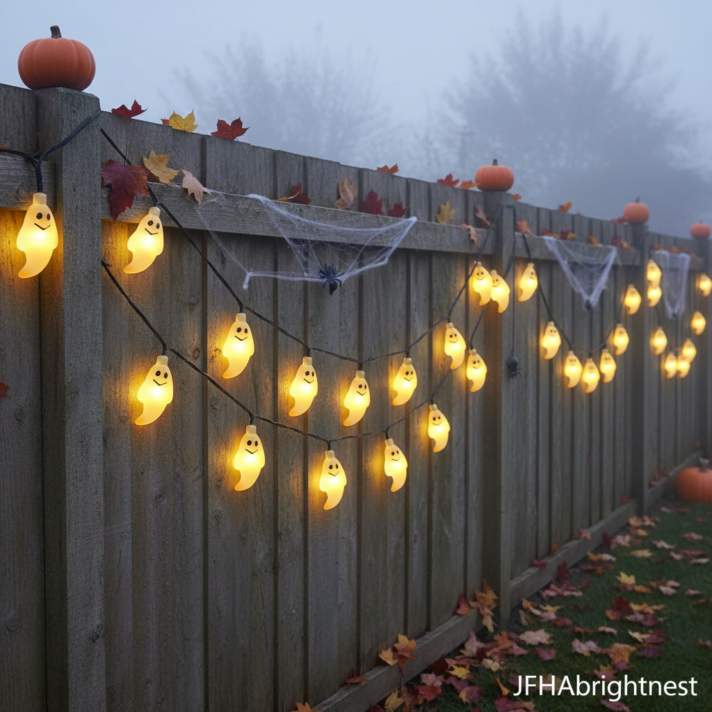 Wisp Halloween ghost solar fairy lights warm white variant hanging from wooden garden fence on misty British Halloween evening with JFHAbrightnest branding
