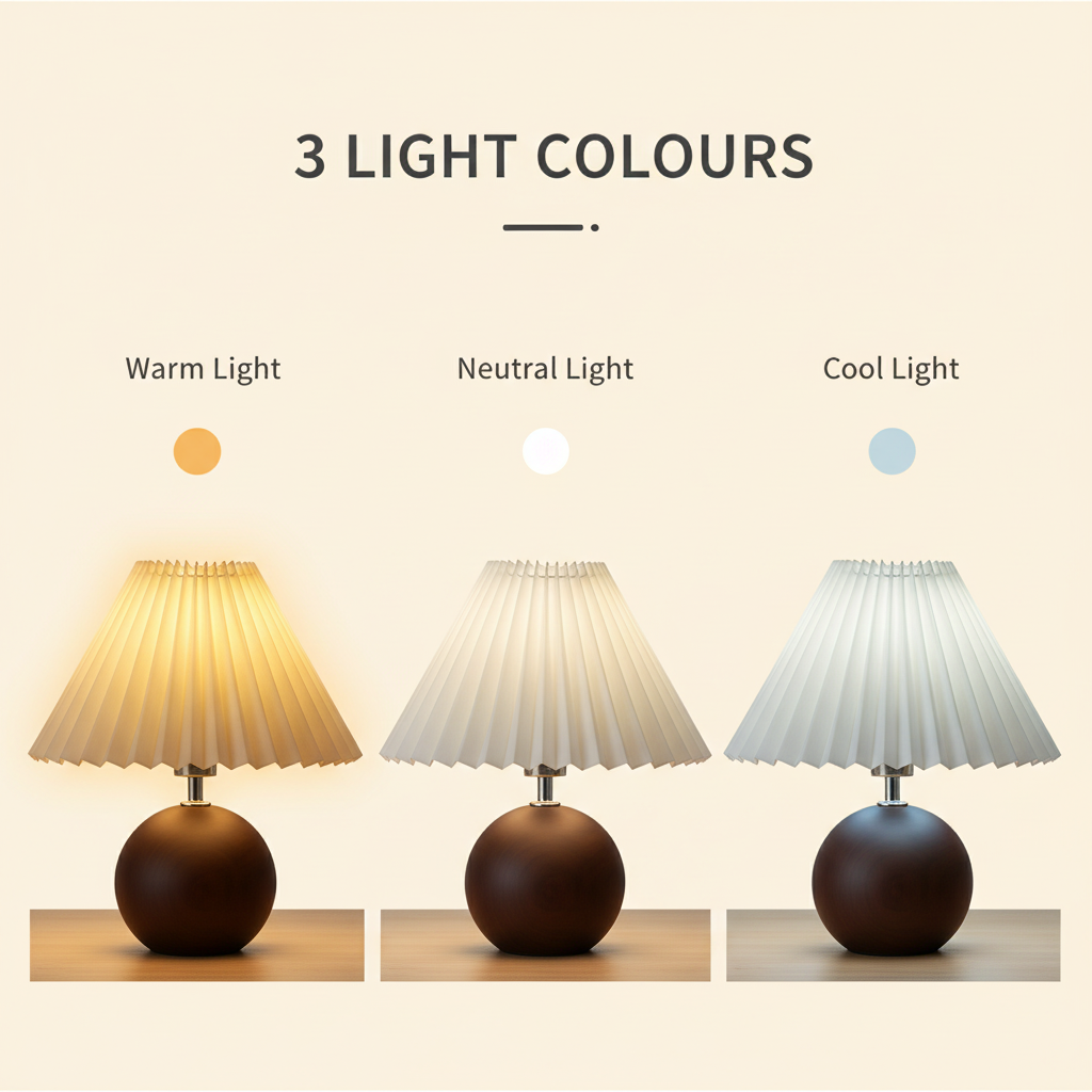 The table lamp shown in warm white, neutral white and cool white light
