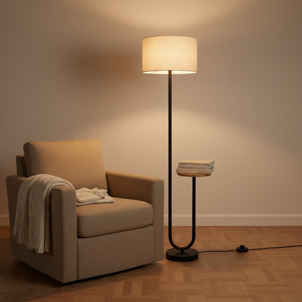 Isla floor lamp with books on its wood side table beside a beige armchair