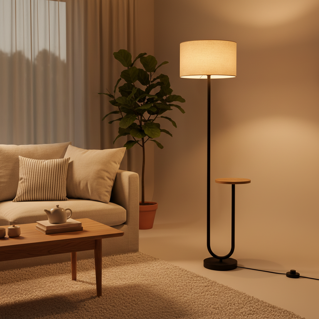 Isla floor lamp with side table beside a cream sofa in a warm living room