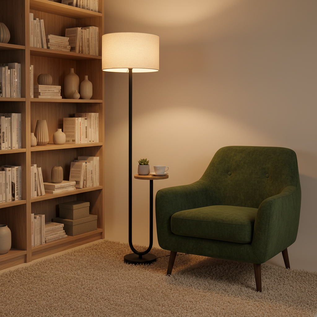 Isla floor lamp next to a green armchair and bookshelves in a reading nook