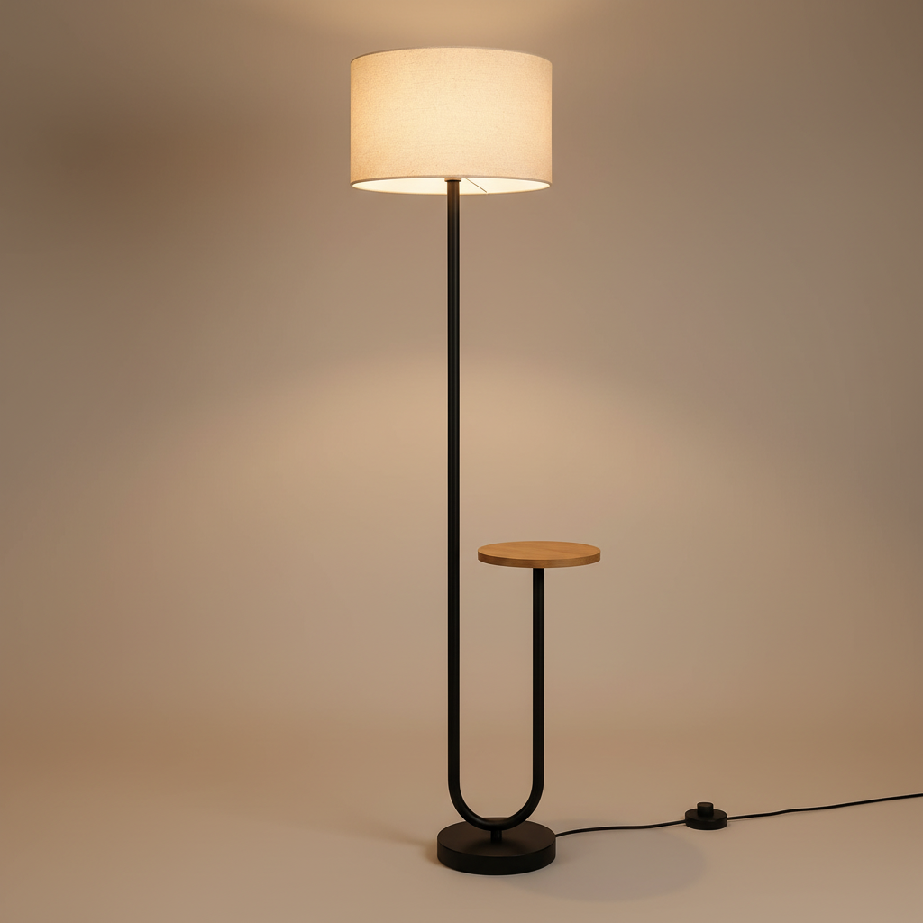 Isla floor lamp with side table – black metal U-shaped frame, round wood tray and white fabric drum shade