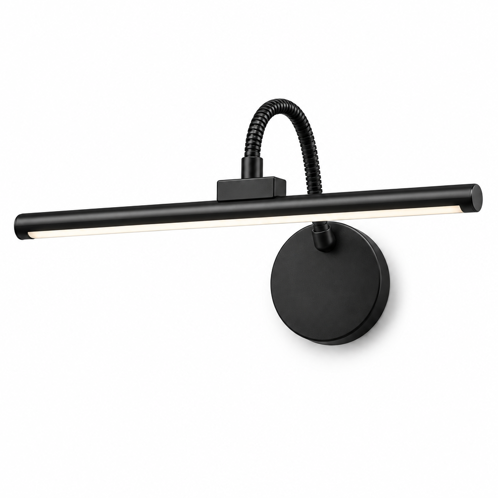 Elio rechargeable LED picture light in matt black with gooseneck arm and round wall plate