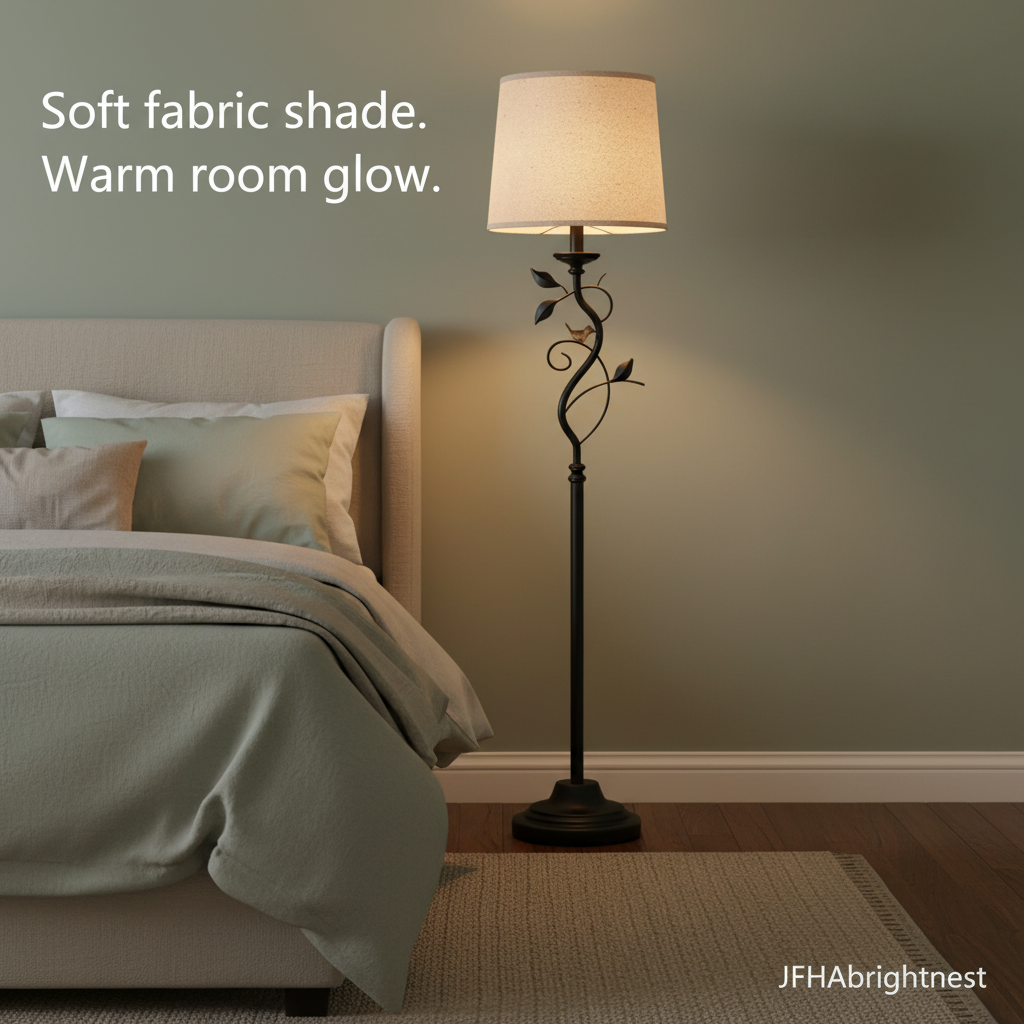 Fabric shade floor lamp giving a warm glow beside a bed with sage green bedding