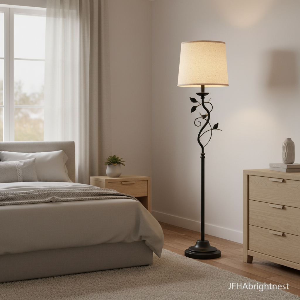 Black iron leaf floor lamp next to a bed and oak chest of drawers in a light bedroom