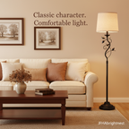 Ivy leaf vine floor lamp beside a cream sofa in a warm living room
