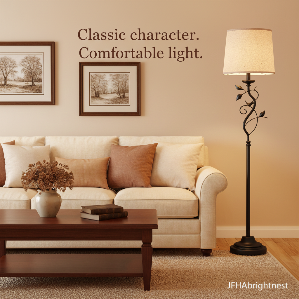 Ivy leaf vine floor lamp beside a cream sofa in a warm living room