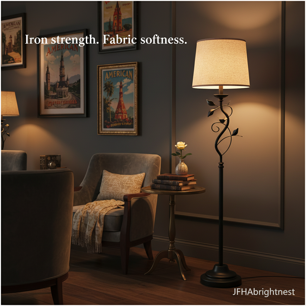 Ivy iron floor lamp beside a grey armchair and side table in a dark panelled lounge