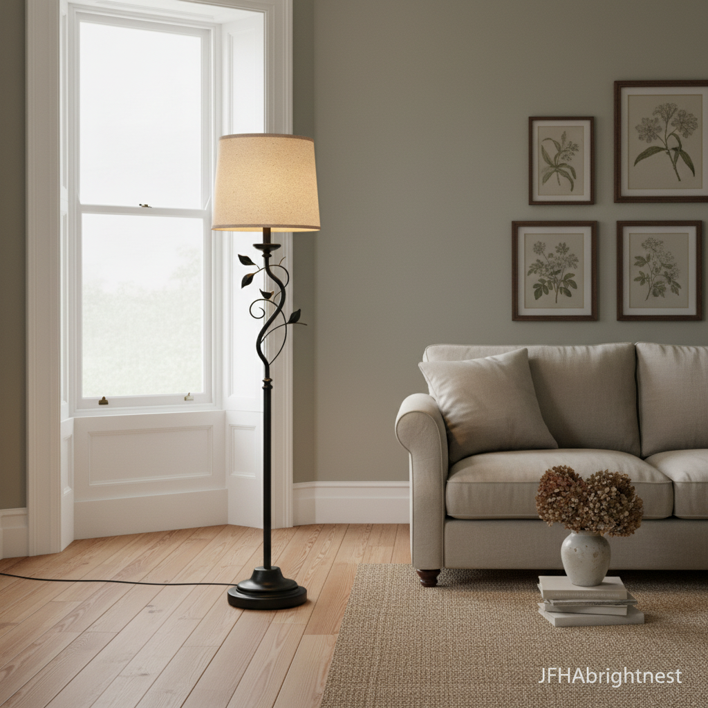 Ivy floor lamp by a sash window in a period living room with a grey sofa