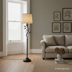 Ivy floor lamp by a sash window in a period living room with a grey sofa