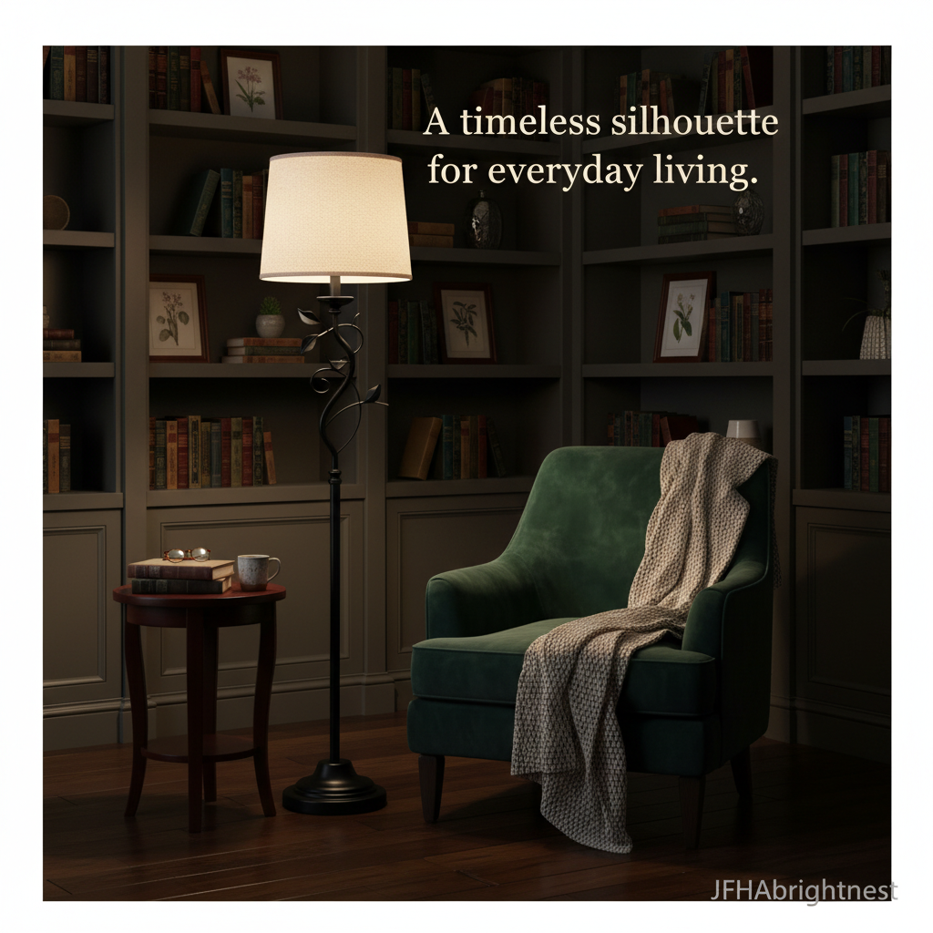 Ivy floor lamp lighting a reading corner with a green armchair and bookshelves