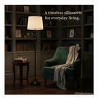 Ivy floor lamp lighting a reading corner with a green armchair and bookshelves