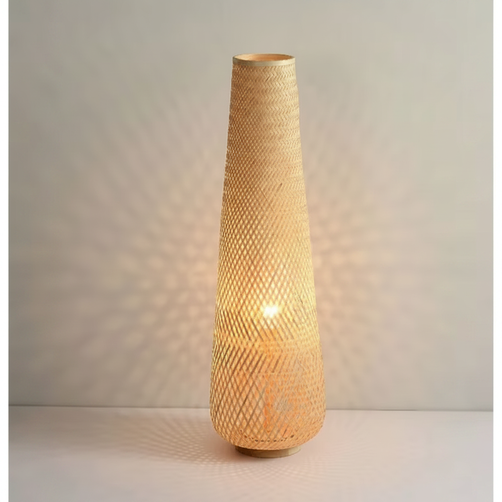 Bamboo floor lamp in natural raw bamboo, tall handwoven tapered shade lit from within against a pale wall