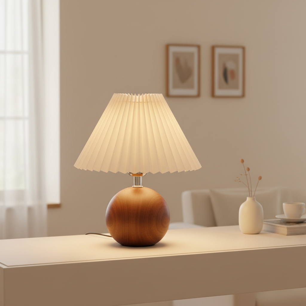 Pleated fabric table lamp on a living room console table