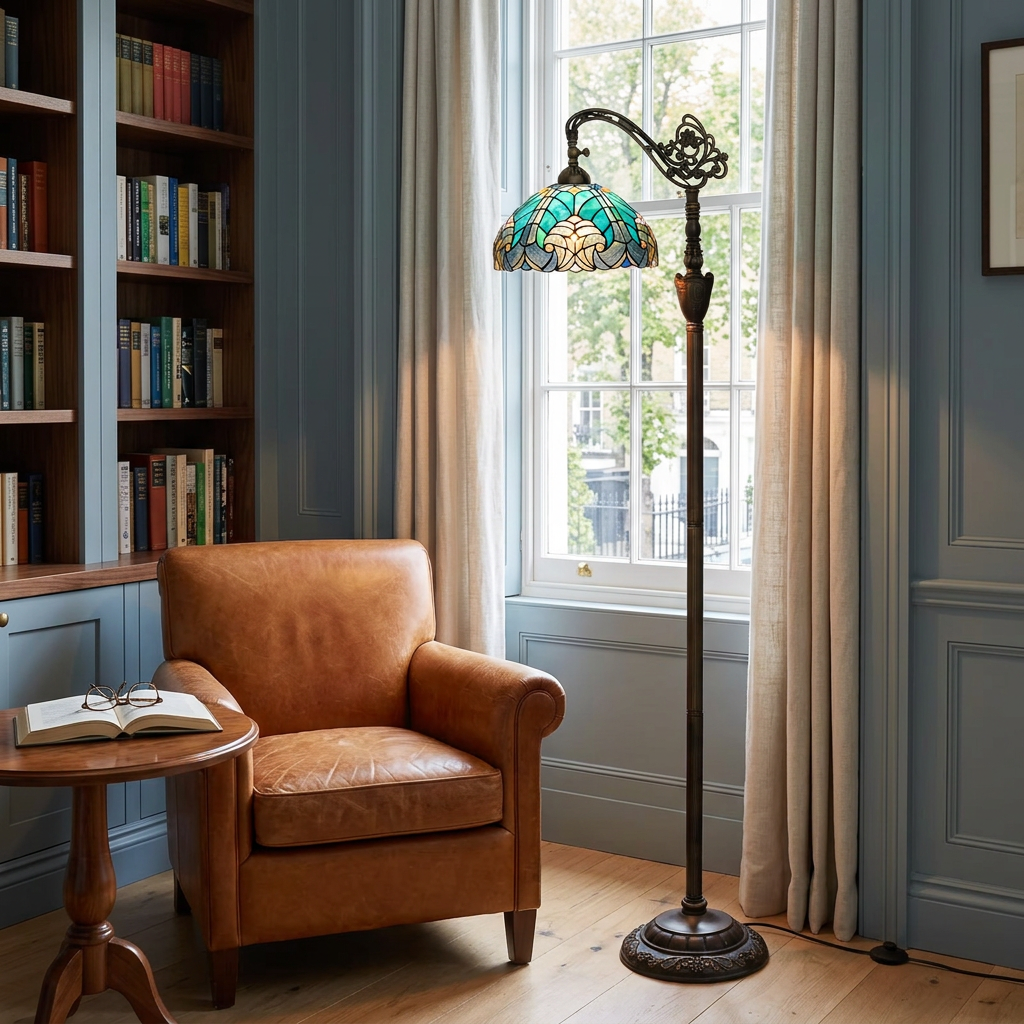 Tiffany gooseneck floor lamp over a leather reading chair in a blue panelled townhouse study