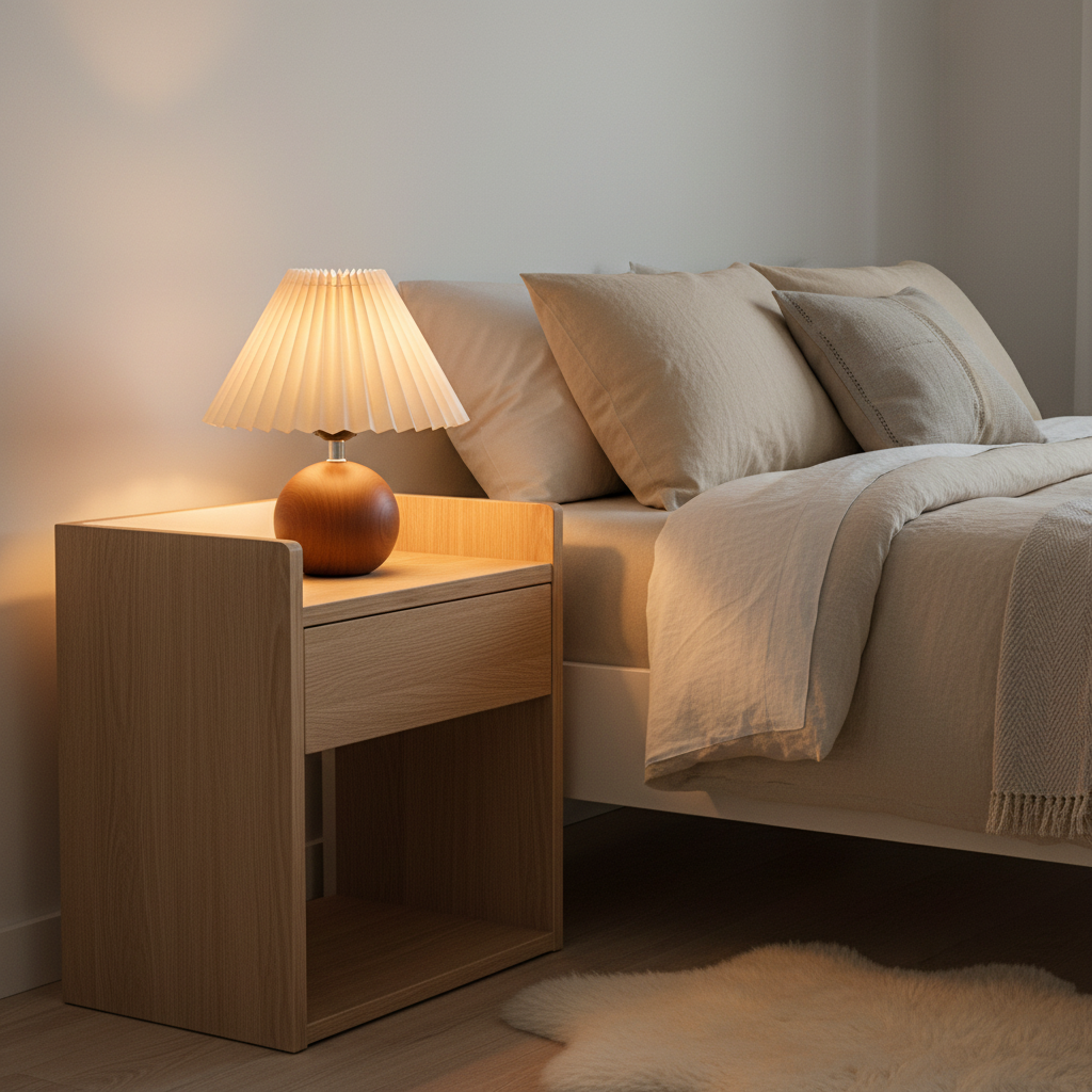 Pleated fabric table lamp lit on a bedside table in a calm Nordic bedroom