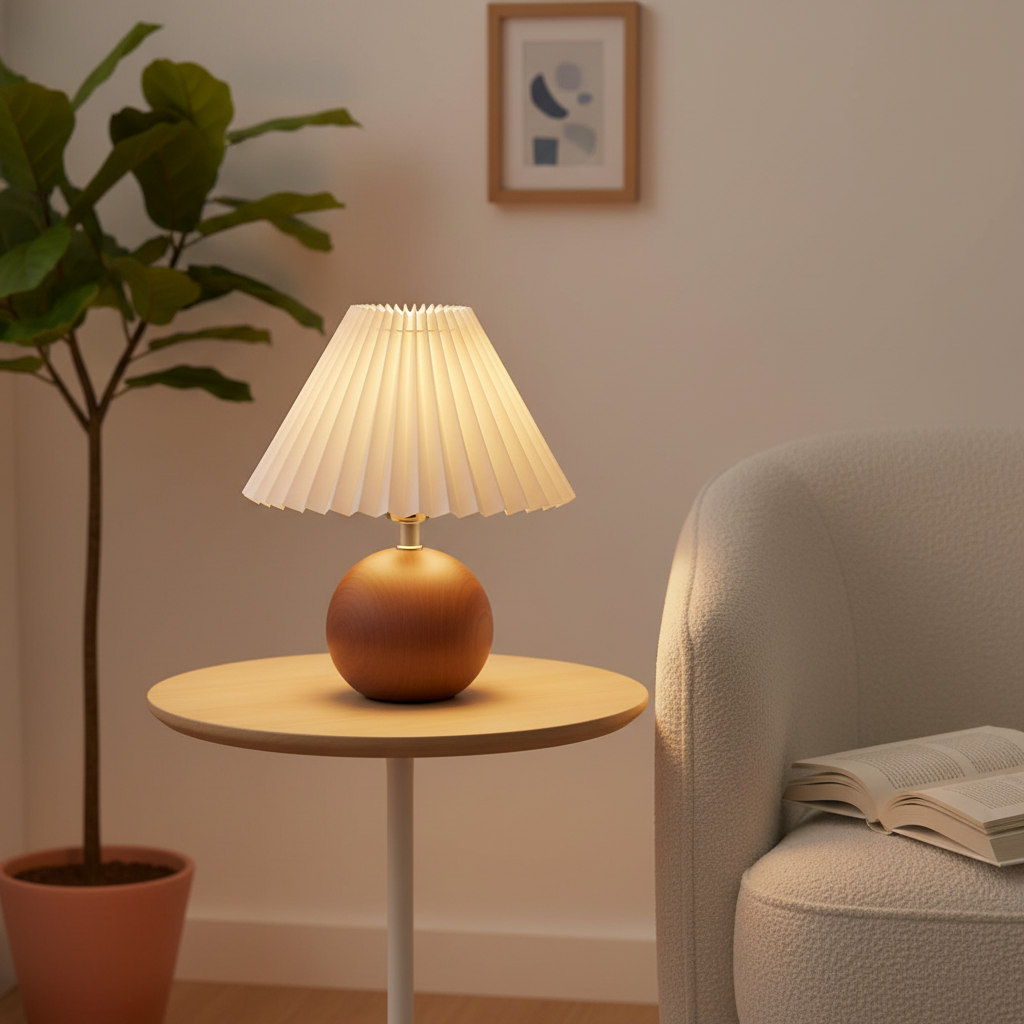 Pleated fabric table lamp on a side table in a reading corner beside an armchair