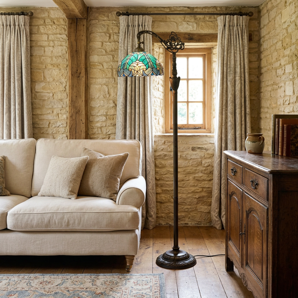 Teal Tiffany stained glass floor lamp lighting a stone-walled English country cottage living room