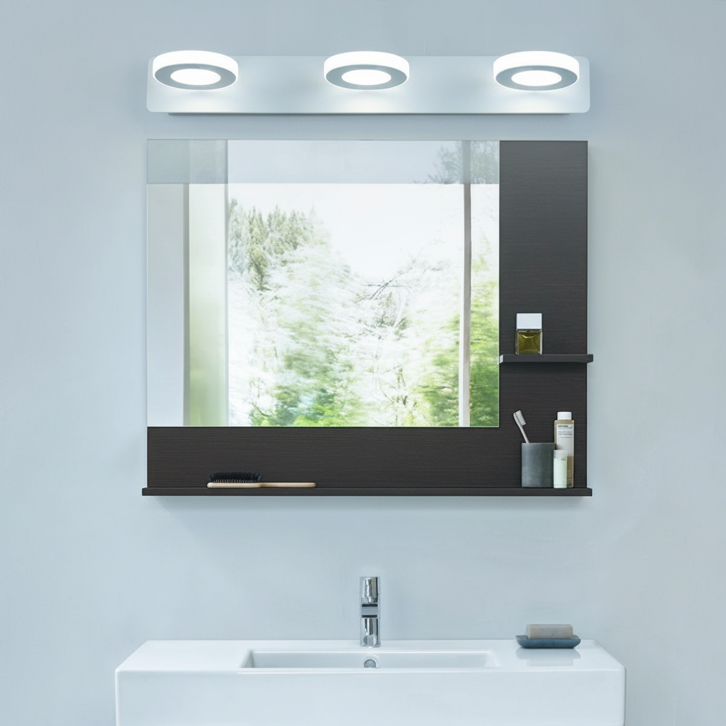 Cool white 3-light bathroom wall light above a bathroom mirror