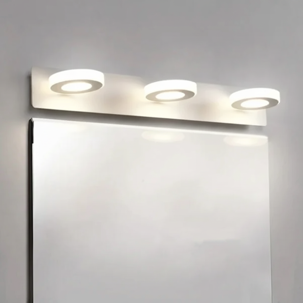 Close-up of the three round LED heads lit in neutral white above a mirror