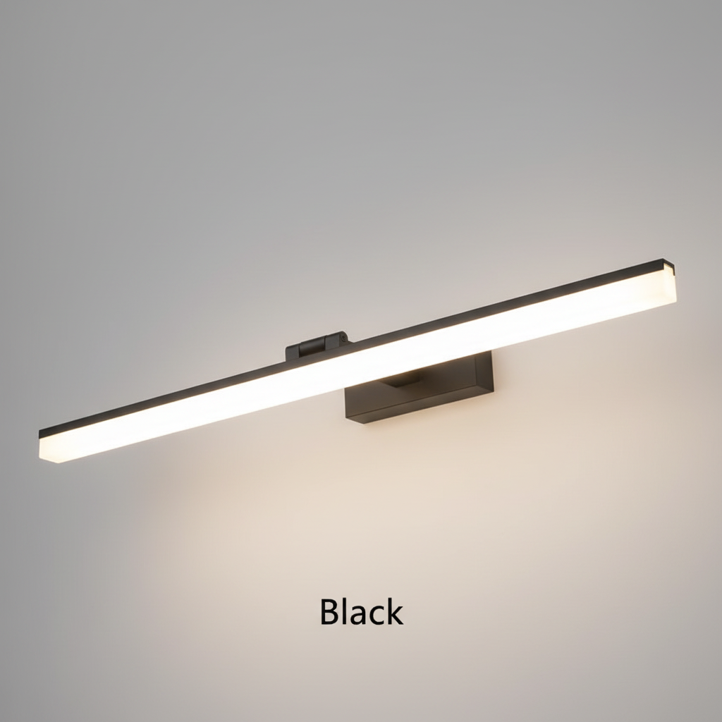 Black LED mirror wall light lit on a grey wall