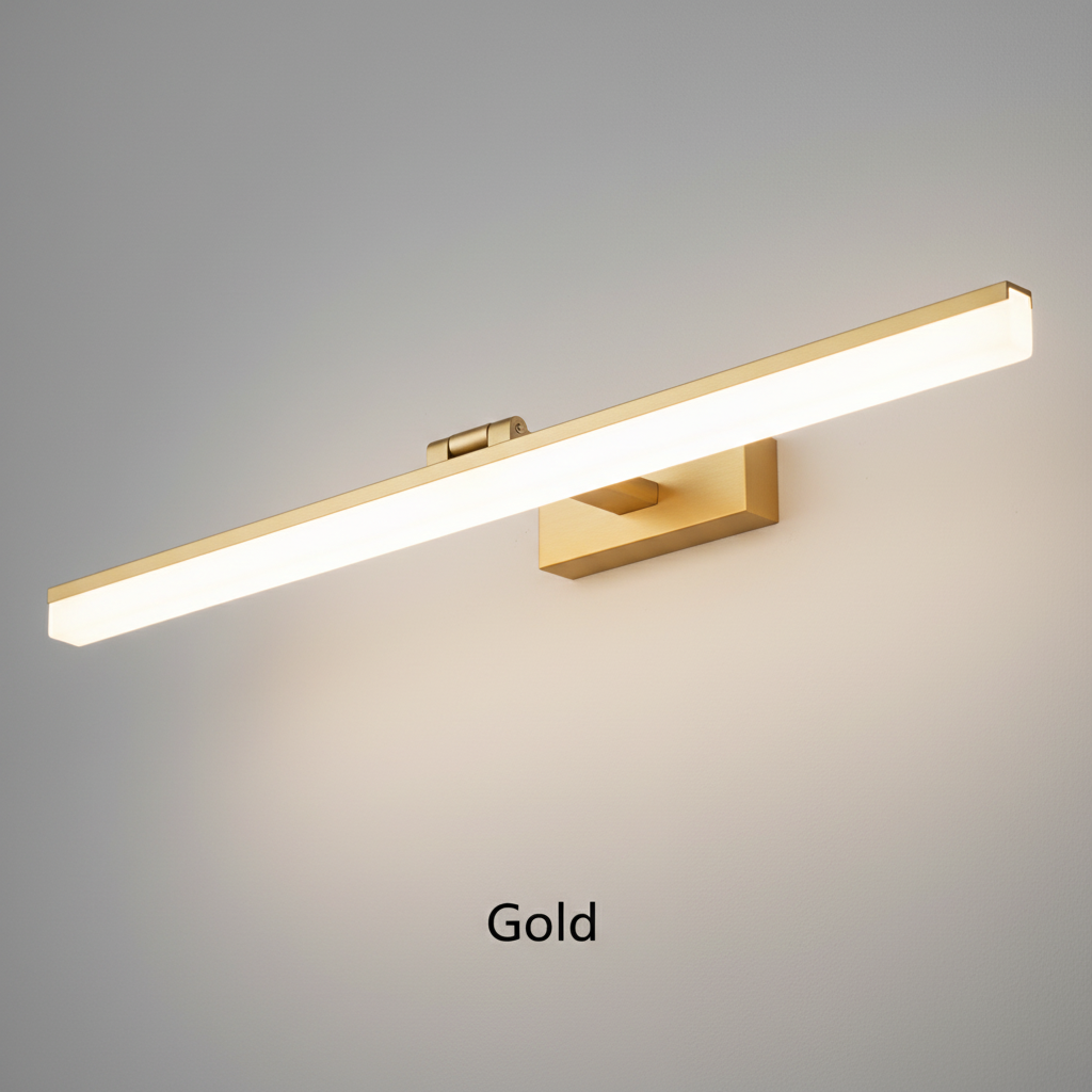 Gold LED mirror wall light lit on a grey wall
