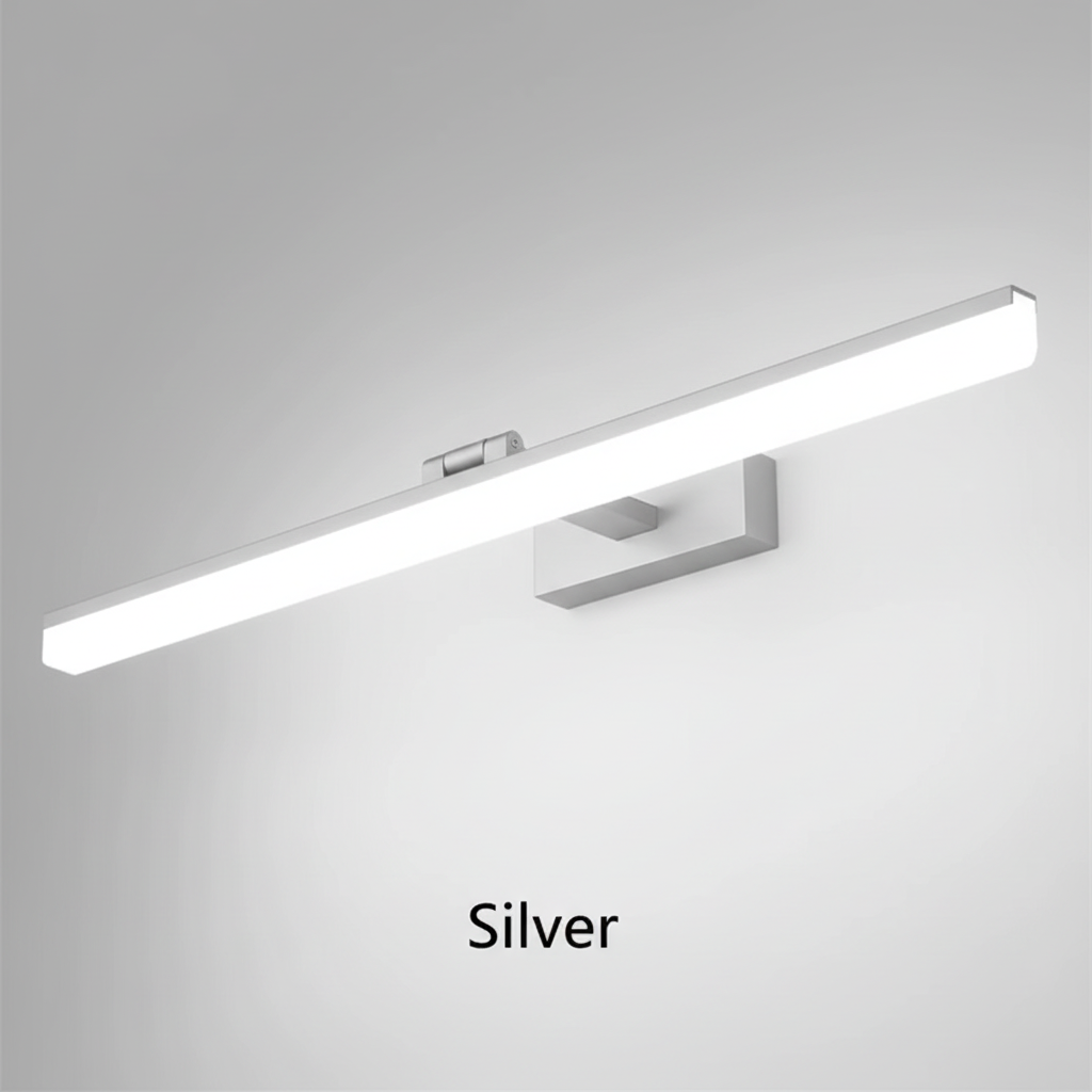 Silver LED mirror wall light lit on a grey wall
