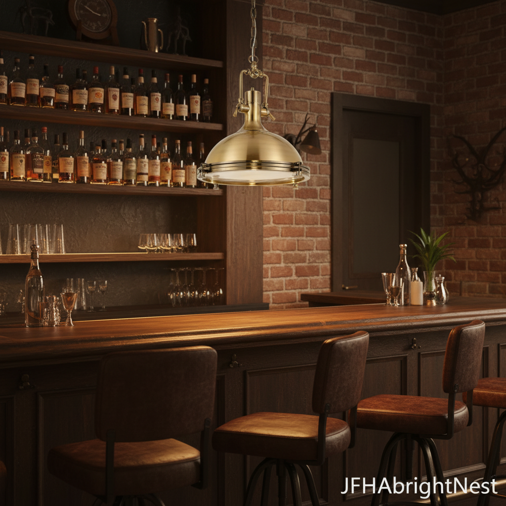 Antique brass Edison Noir pendant light lit above a home bar with spirit shelves and leather stools