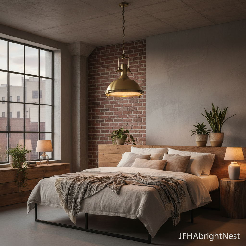 Antique brass Edison Noir pendant light hanging over a bed in a loft bedroom with exposed brick and a large window