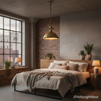 Antique brass Edison Noir pendant light hanging over a bed in a loft bedroom with exposed brick and a large window