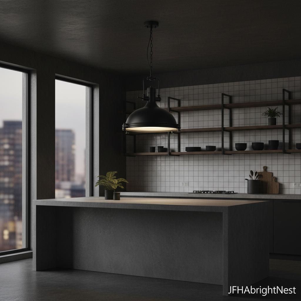 Matte black Edison Noir pendant light above a dark kitchen island with open shelving and city views