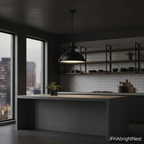 Matte black Edison Noir pendant light above a dark kitchen island with open shelving and city views
