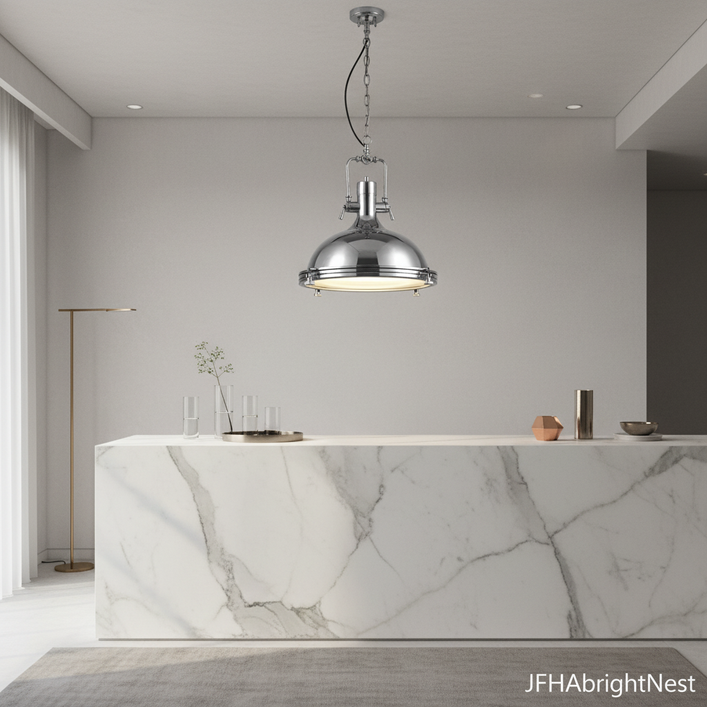 Polished chrome Edison Noir pendant light hanging above a white marble kitchen island