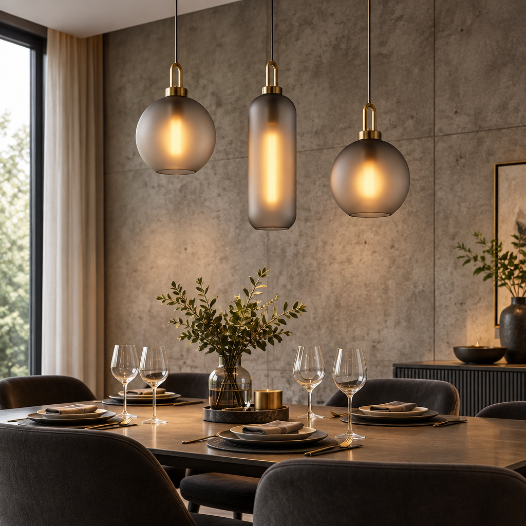 Frosted glass pendant lights above a dining table against a concrete wall