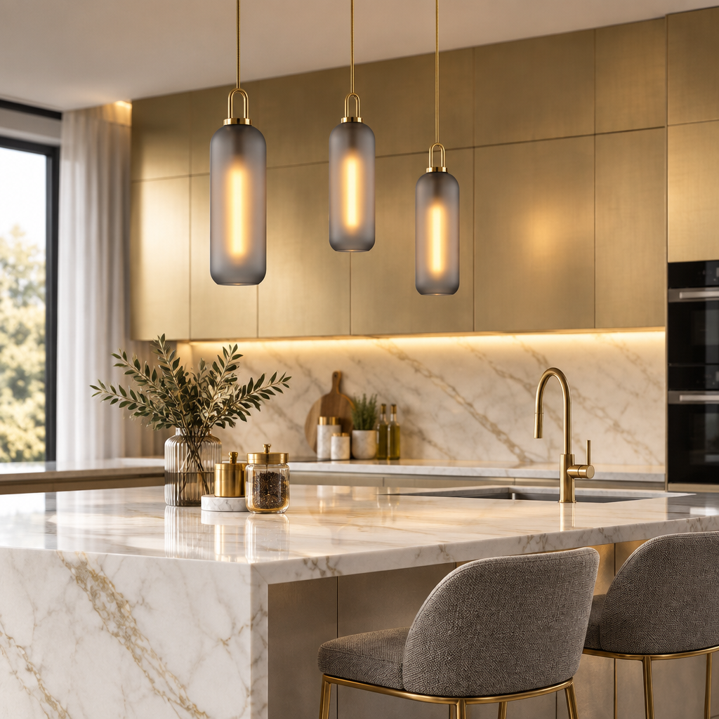 Frosted glass tube pendant lights over a marble kitchen island