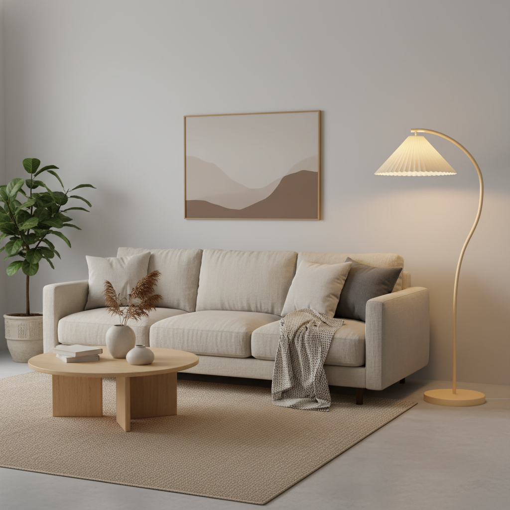 Pleated arc floor lamp arching over the end of a cream linen sofa in a bright living room