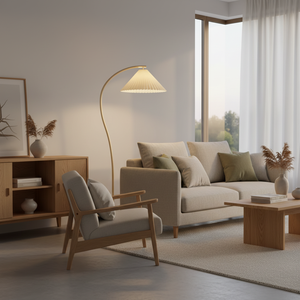 Aria curved floor lamp beside a wooden armchair in a Scandinavian-style living room