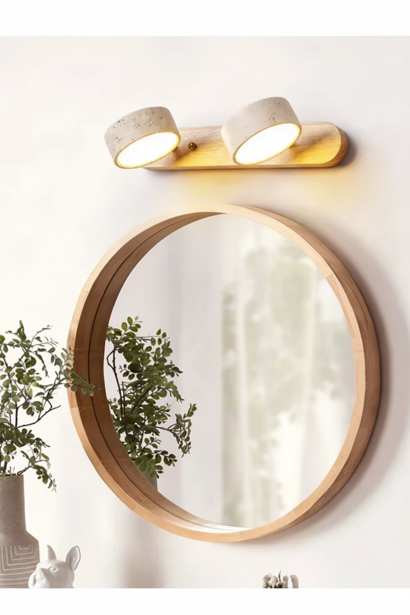 Log tone 2-light wall light above a round wood-framed mirror
