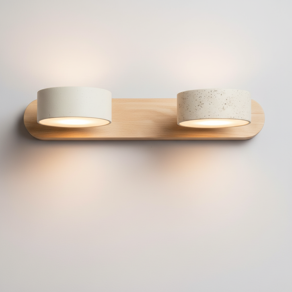 Log tone 2-light travertine wall light glowing warm white on a plain wall