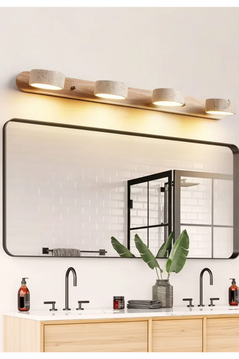 Log tone 4-light wall light above a wide double bathroom vanity mirror