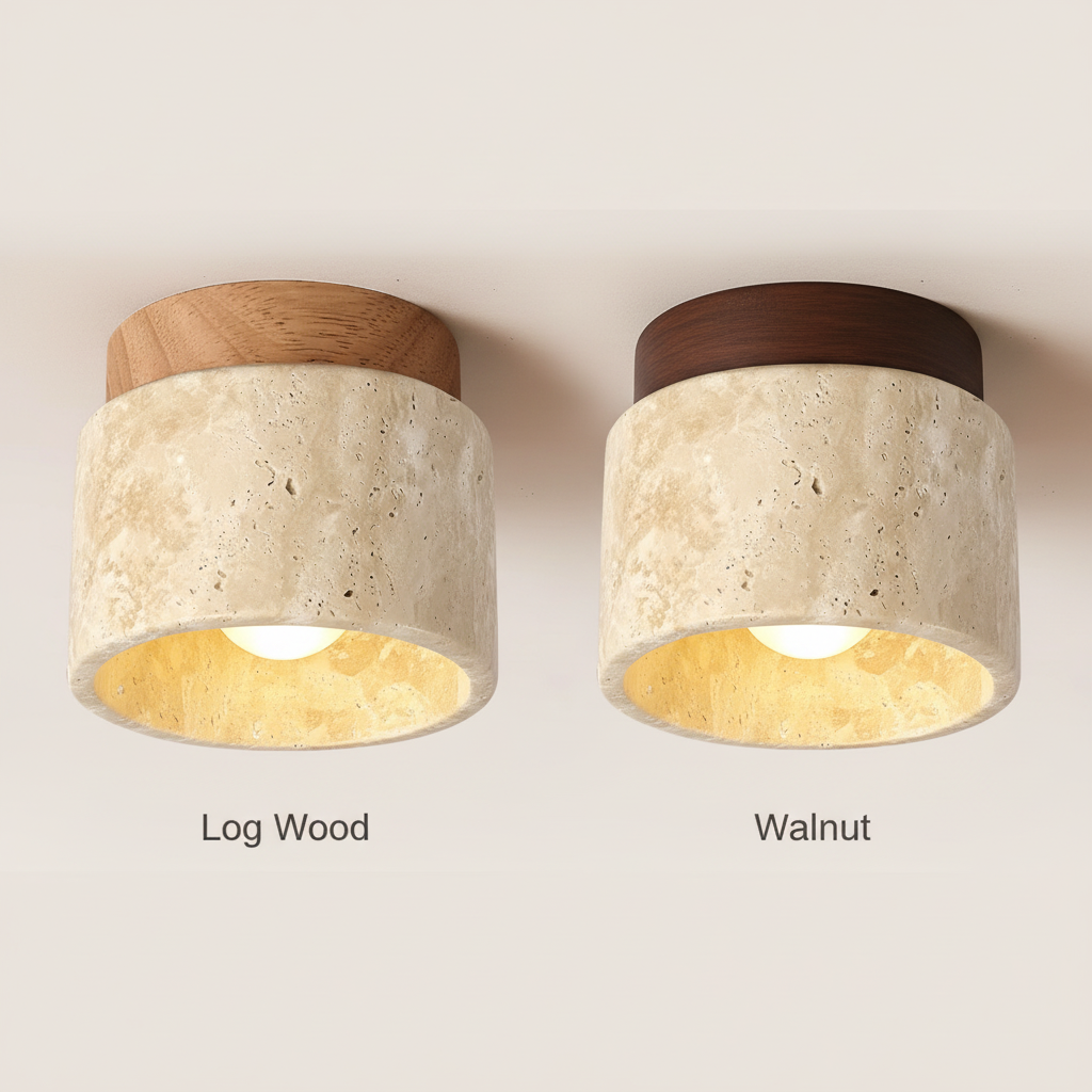 Japanese-style stone and wood LED ceiling light, Log Wood and Walnut finishes side by side